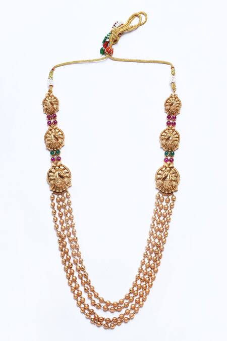 Our Purple Studio_Gold Plated Crystals, Stones Peacock Carved Motif Necklace Set _Online_at_Aza_Fashions