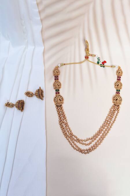 Shop_Our Purple Studio_Gold Plated Crystals, Stones Peacock Carved Motif Necklace Set _Online_at_Aza_Fashions