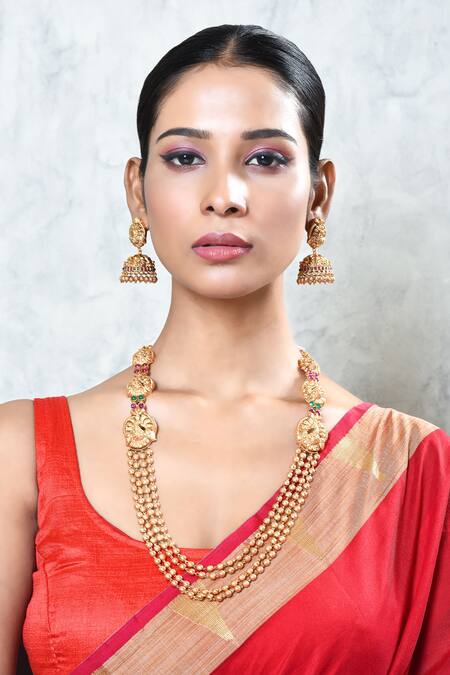 Our Purple Studio_Gold Plated Crystals, Stones Peacock Carved Motif Necklace Set _at_Aza_Fashions