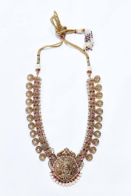 Our Purple Studio_Gold Plated Pearls, Stones Embellished Temple Pendant Set _Online_at_Aza_Fashions