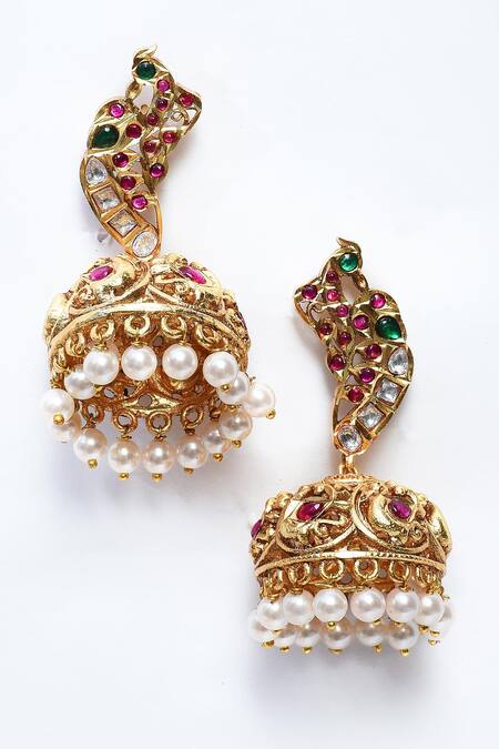 Buy_Our Purple Studio_Gold Plated Pearls, Stones Embellished Temple Pendant Set _Online_at_Aza_Fashions