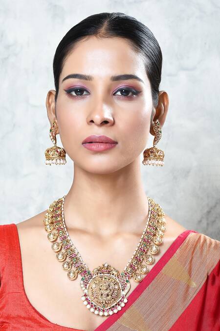 Our Purple Studio_Gold Plated Pearls, Stones Embellished Temple Pendant Set _at_Aza_Fashions