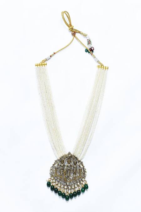 Our Purple Studio_Gold Plated Pearls, Beads, Stones Antique Carved Pendant Necklace Set _Online_at_Aza_Fashions