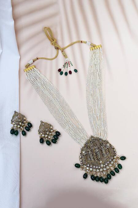 Shop_Our Purple Studio_Gold Plated Pearls, Beads, Stones Antique Carved Pendant Necklace Set _Online_at_Aza_Fashions