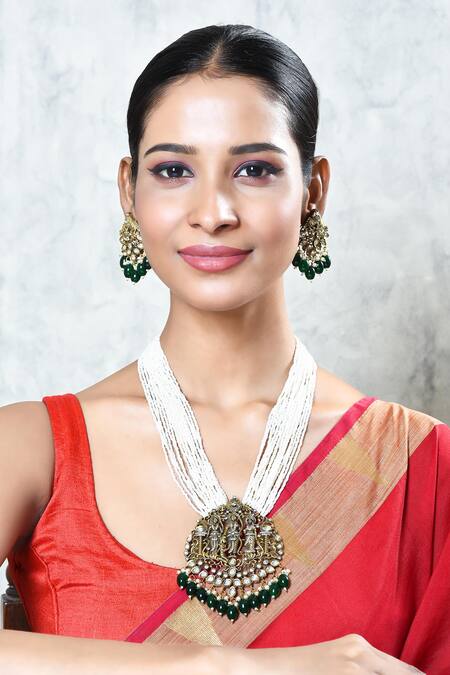 Our Purple Studio_Gold Plated Pearls, Beads, Stones Antique Carved Pendant Necklace Set _at_Aza_Fashions