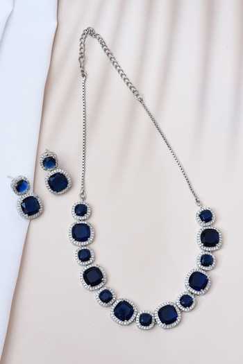 Shop_Our Purple Studio_Silver Plated Diamonds, Stones American Studded Necklace Set_Online_at_Aza_Fashions