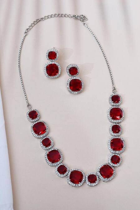 Shop_Our Purple Studio_Silver Plated Diamonds, Stones American Encrusted Necklace Set _Online_at_Aza_Fashions