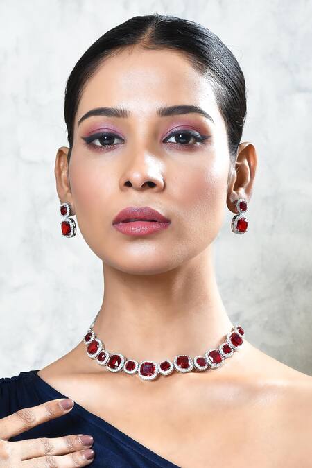 Our Purple Studio_Silver Plated Diamonds, Stones American Encrusted Necklace Set _at_Aza_Fashions