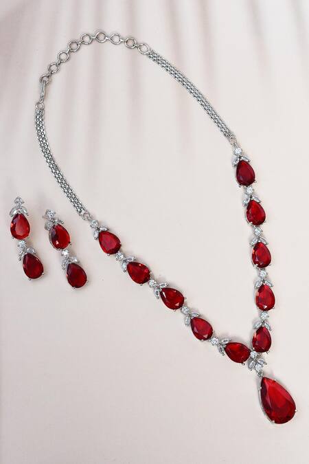 Shop_Our Purple Studio_White Crystals, Stones American Diamond Encrusted Pendant Necklace Set _Online_at_Aza_Fashions