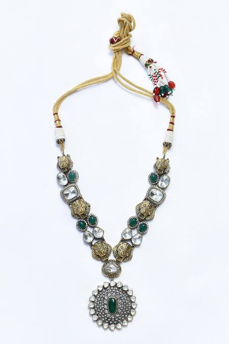 Our Purple Studio_Green Pearls, Gota Patti, Stones Onyx Embellished Pendant Necklace Set _Online_at_Aza_Fashions