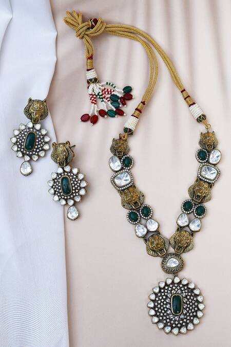 Shop_Our Purple Studio_Green Pearls, Gota Patti, Stones Onyx Embellished Pendant Necklace Set _Online_at_Aza_Fashions