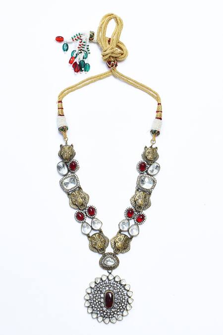 Our Purple Studio_Red Pearls, Stones Kundan Embellished Pendant Necklace Set _Online_at_Aza_Fashions