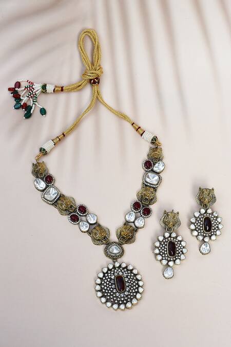 Shop_Our Purple Studio_Red Pearls, Stones Kundan Embellished Pendant Necklace Set _Online_at_Aza_Fashions