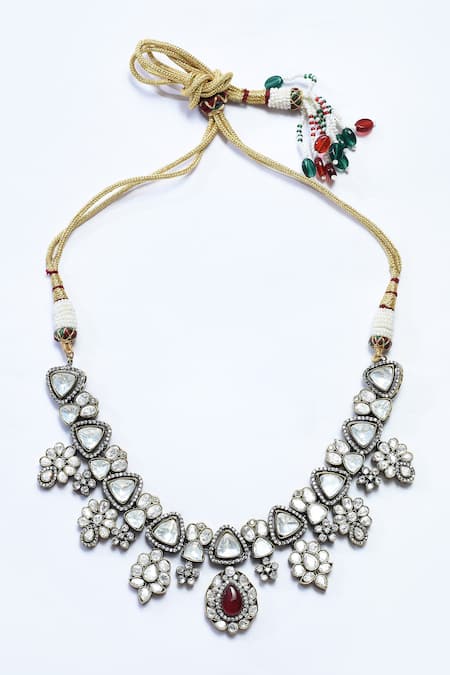 Our Purple Studio_Red Pearls, Stones Kundan Embellished Pendant Necklace Set _Online_at_Aza_Fashions