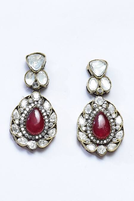 Buy_Our Purple Studio_Red Pearls, Stones Kundan Embellished Pendant Necklace Set _Online_at_Aza_Fashions