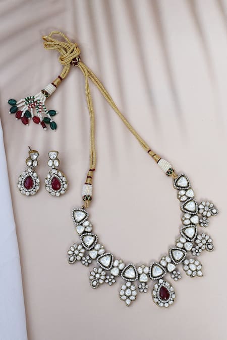 Shop_Our Purple Studio_Red Pearls, Stones Kundan Embellished Pendant Necklace Set _Online_at_Aza_Fashions