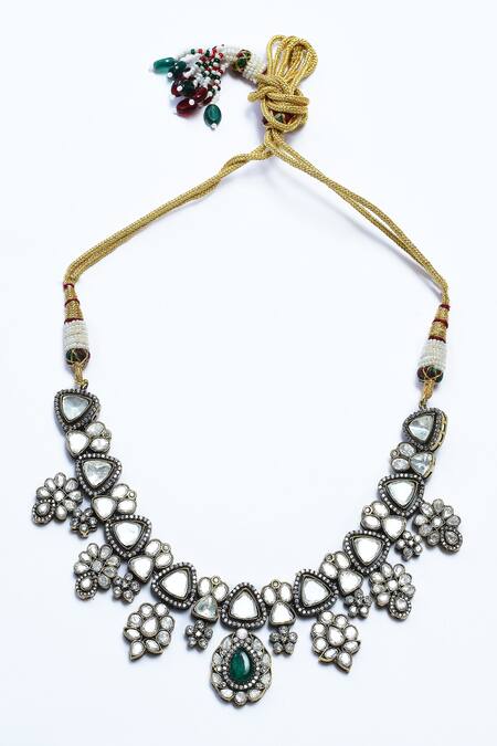 Our Purple Studio_Green Pearls, Piping, Stones Polki Embellished Pendant Necklace Set _Online_at_Aza_Fashions