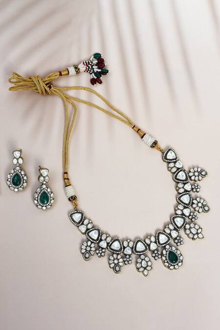 Shop_Our Purple Studio_Green Pearls, Piping, Stones Polki Embellished Pendant Necklace Set _Online_at_Aza_Fashions