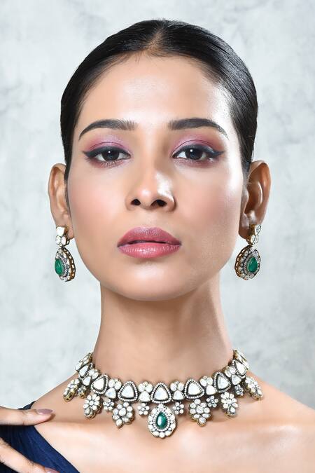 Our Purple Studio_Green Pearls, Piping, Stones Polki Embellished Pendant Necklace Set _at_Aza_Fashions