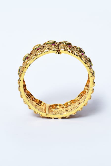 Buy_Our Purple Studio_Gold Plated Crystals Carved Stone Embellished Bangles - 2 Pcs_Online_at_Aza_Fashions