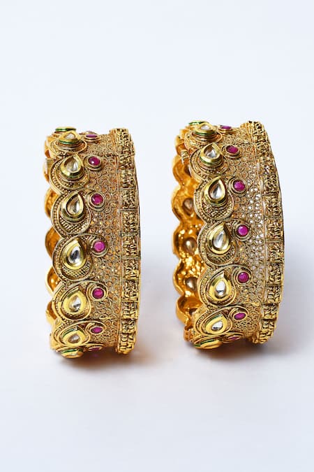 Shop_Our Purple Studio_Gold Plated Crystals Carved Stone Embellished Bangles - 2 Pcs_Online_at_Aza_Fashions