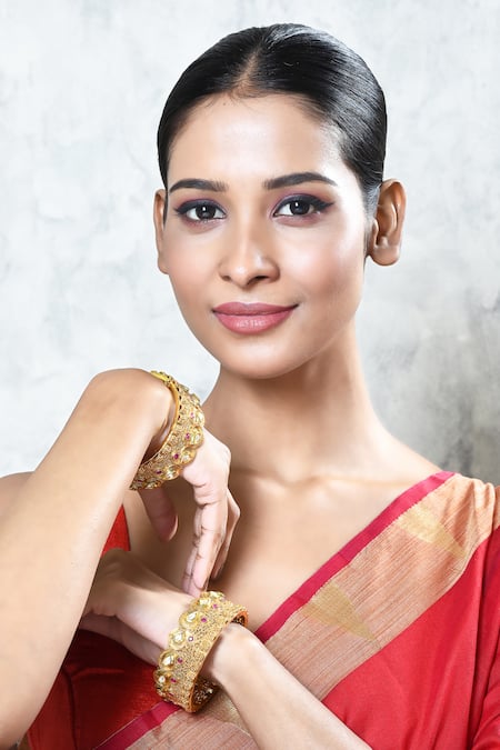 Our Purple Studio_Gold Plated Crystals Carved Stone Embellished Bangles - 2 Pcs_at_Aza_Fashions