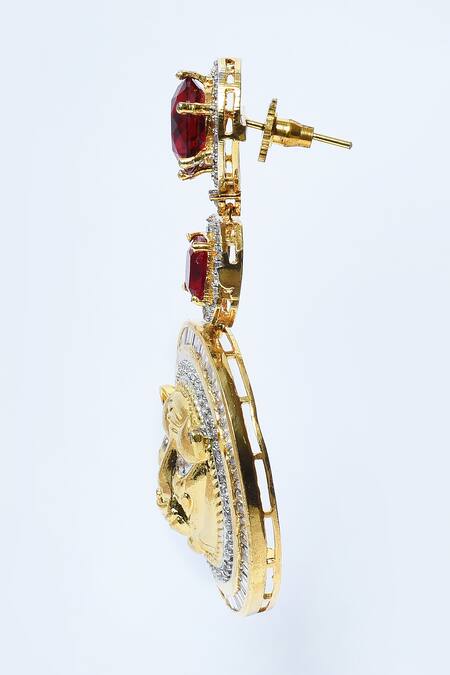 Our Purple Studio_Gold Plated Diamonds, Stones Carved Lion Pattern Earrings _Online_at_Aza_Fashions