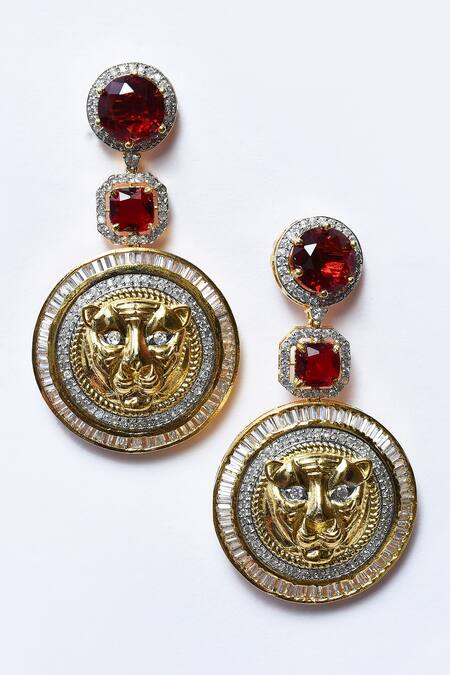 Buy_Our Purple Studio_Gold Plated Diamonds, Stones Carved Lion Pattern Earrings _Online_at_Aza_Fashions