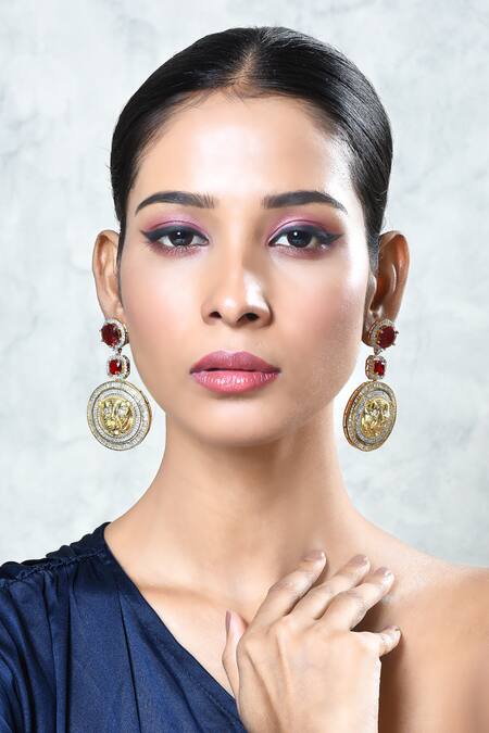 Shop_Our Purple Studio_Gold Plated Diamonds, Stones Carved Lion Pattern Earrings _Online_at_Aza_Fashions