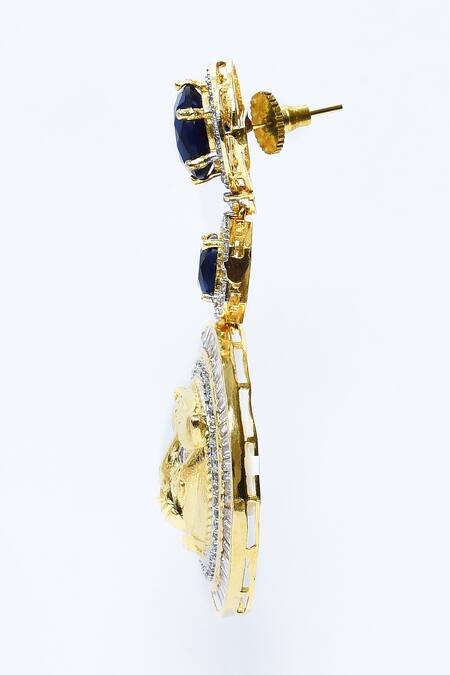 Our Purple Studio_Gold Plated Diamonds, Stones Carved Lion Pattern Dangler Earrings _Online_at_Aza_Fashions