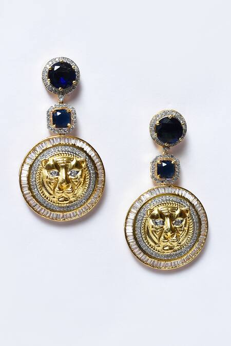 Buy_Our Purple Studio_Gold Plated Diamonds, Stones Carved Lion Pattern Dangler Earrings _Online_at_Aza_Fashions
