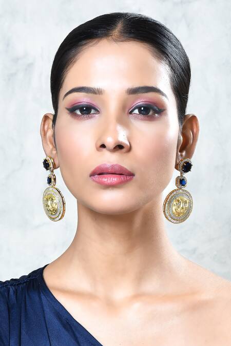 Shop_Our Purple Studio_Gold Plated Diamonds, Stones Carved Lion Pattern Dangler Earrings _Online_at_Aza_Fashions