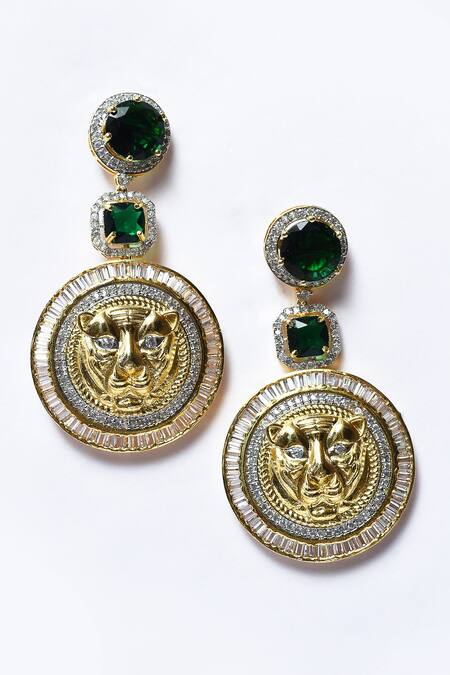 Our Purple Studio_Gold Plated Diamonds, Stones Carved Lion Pattern Embellished Earrings _Online_at_Aza_Fashions