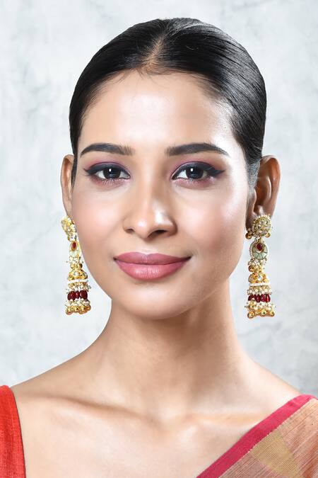 Shop_Our Purple Studio_Gold Plated Pearls, Beads Kundan Embellished Dangler Earrings_Online_at_Aza_Fashions