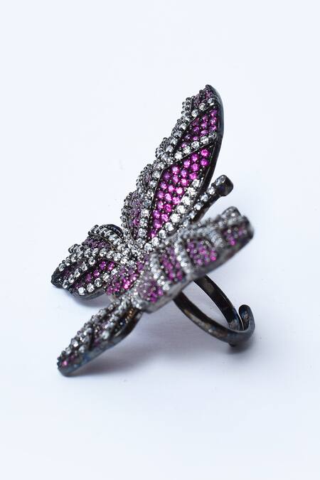 Buy_Our Purple Studio_White Diamonds, Crystals American Embellished Ring_Online_at_Aza_Fashions