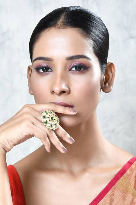 Our Purple Studio_Gold Plated Pearls, Diamonds, Stones Kundan And Studded Ring_at_Aza_Fashions