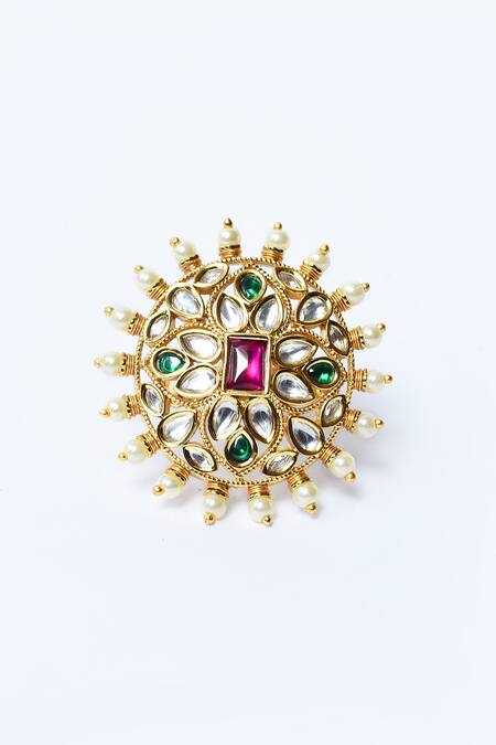 Our Purple Studio_Gold Plated Pearls, Diamonds Flora Shape Kundan Ring _Online_at_Aza_Fashions
