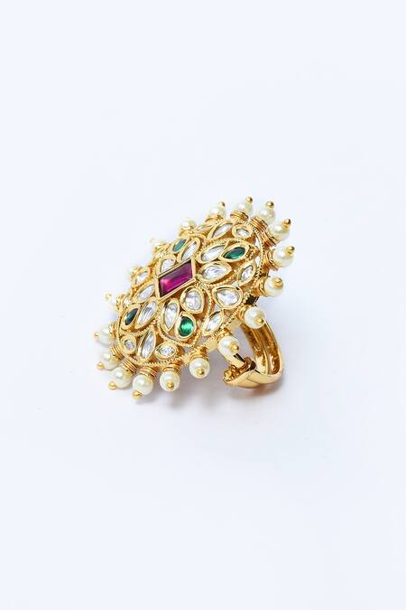 Buy_Our Purple Studio_Gold Plated Pearls, Diamonds Flora Shape Kundan Ring _Online_at_Aza_Fashions