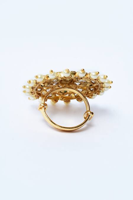 Shop_Our Purple Studio_Gold Plated Pearls, Diamonds Flora Shape Kundan Ring _Online_at_Aza_Fashions