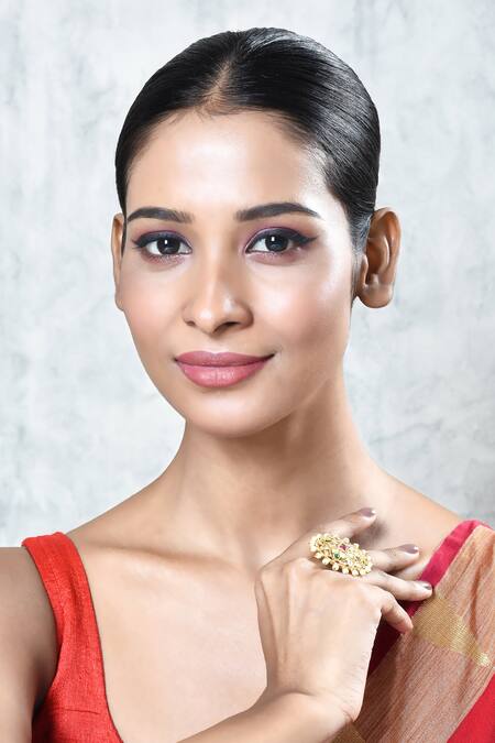 Our Purple Studio_Gold Plated Pearls, Diamonds Flora Shape Kundan Ring _at_Aza_Fashions