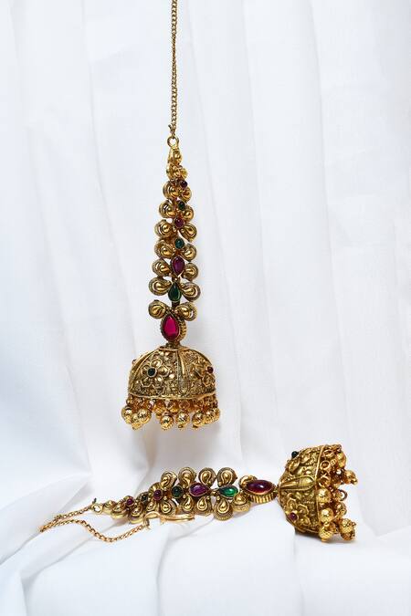 Our Purple Studio_Gold Plated Kemp Stone Embellished Jhumka Earrings_Online_at_Aza_Fashions
