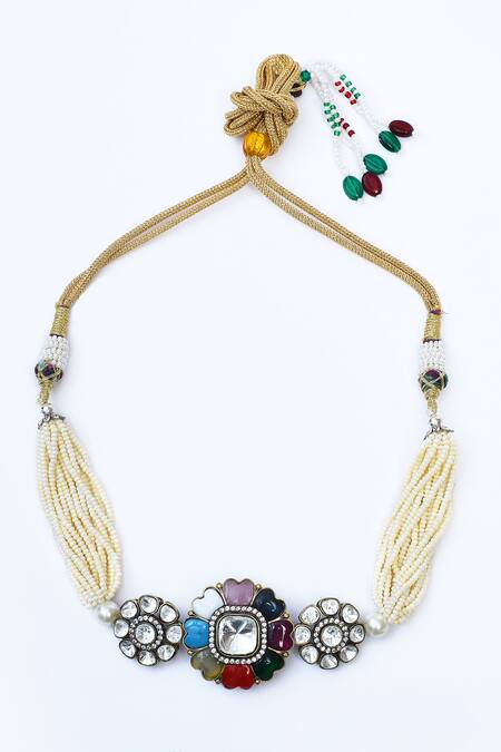 Our Purple Studio_Multi Color Pearls, Diamonds, Stones Layered Kundan Choker Set _Online_at_Aza_Fashions