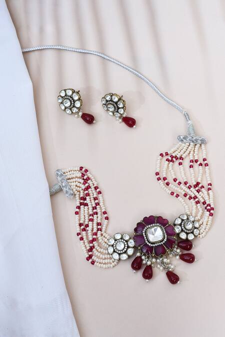 Shop_Our Purple Studio_White Pearls, Stones Ruby And Embellished Choker Set_Online_at_Aza_Fashions