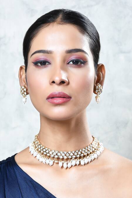 Our Purple Studio_White Pearls, Stones Kundan Studded Choker Set_at_Aza_Fashions