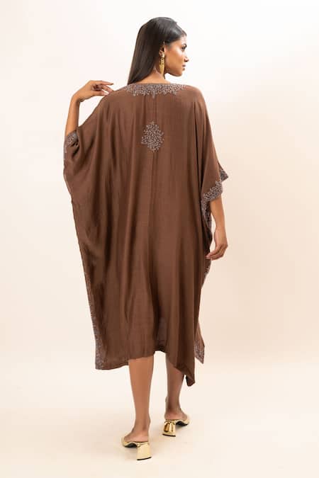 Oshi By Shikha_Brown Silk, Chanderi, Taffeta Embroidery V-neck Kaftan _Online_at_Aza_Fashions