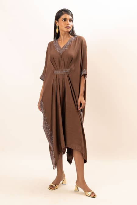 Buy_Oshi By Shikha_Brown Silk, Chanderi, Taffeta Embroidery V-neck Kaftan _Online_at_Aza_Fashions