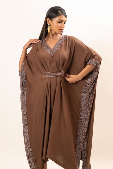 Shop_Oshi By Shikha_Brown Silk, Chanderi, Taffeta Embroidery V-neck Kaftan _Online_at_Aza_Fashions
