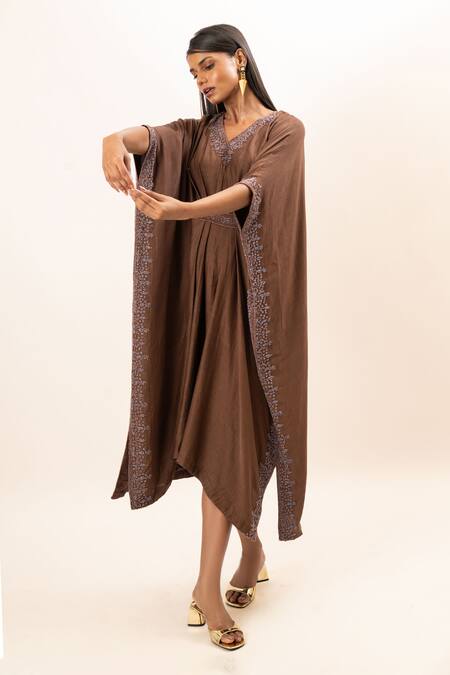 Oshi By Shikha_Brown Silk, Chanderi, Taffeta Embroidery V-neck Kaftan _at_Aza_Fashions