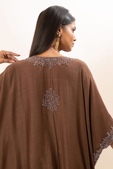 Buy_Oshi By Shikha_Brown Silk, Chanderi, Taffeta Embroidery V-neck Kaftan 