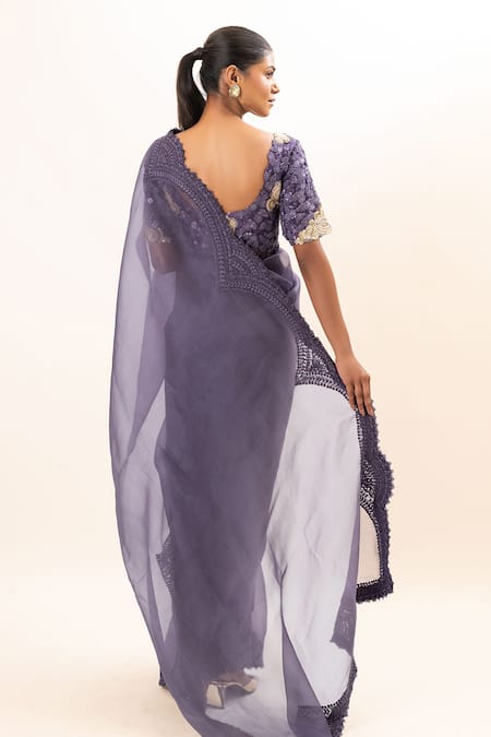 Oshi By Shikha_Purple Bamboo, Silk Organza Embroidery, Sequins V-neck Saree With Hand Blouse _Online_at_Aza_Fashions